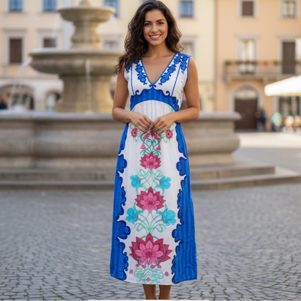 CELINA MOON Blue and White Lotus Flower Floral Midi Dress Size Small